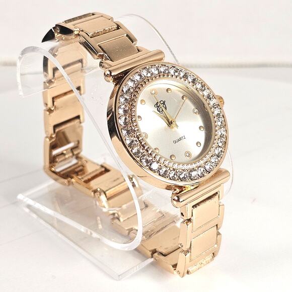 Women's Gold Tone Quartz Watch 34mm Crystal Bezel Silver Dial Bracelet Style - Picture 9 of 14